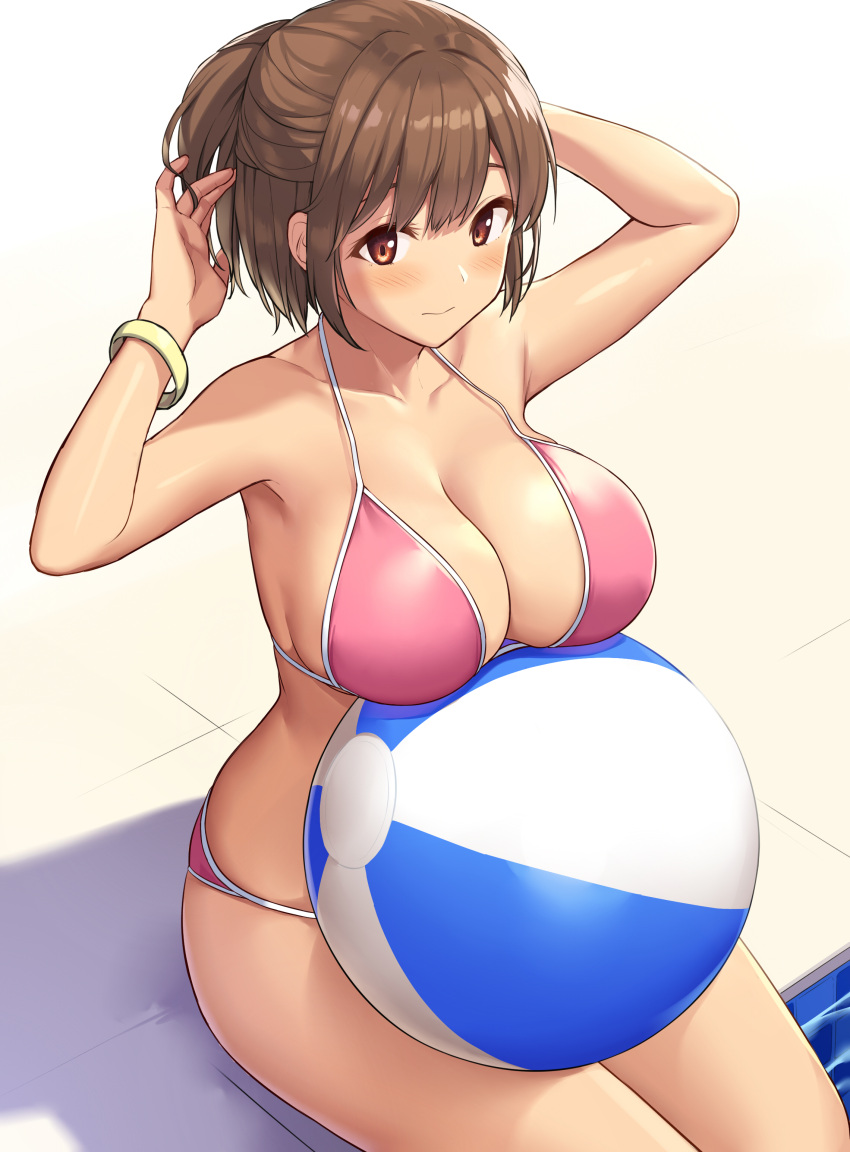 1girl 3: absurdres armpits arms_up ball bangle bare_arms bare_shoulders beachball bikini bracelet breasts brown_hair cleavage closed_mouth collarbone commentary_request half_updo halter_top halterneck highres jewelry large_breasts looking_at_viewer original pink_bikini poolside red_eyes sawada_yuusuke short_hair sitting solo strap_gap string_bikini swimsuit thighs