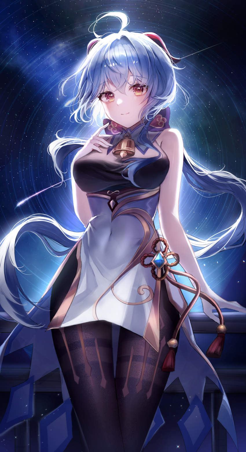 1girl absurdres ahoge bangs bare_shoulders bell blue_hair chaerom commentary cowbell eyebrows_visible_through_hair ganyu_(genshin_impact) genshin_impact goat_horns hair_between_eyes highres horns looking_at_viewer neck_bell night night_sky sky solo standing star_(sky) starry_sky wavy_hair yellow_eyes