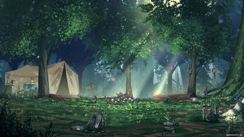 animal_print anonamos arrow_(projectile) bunny_print campfire camping forest grass gun hat hat_removed headwear_removed helmet helmet_removed highres lantern light_rays log nature no_humans original planted scenery staff sunbeam sunlight target tent tree twitter_username weapon