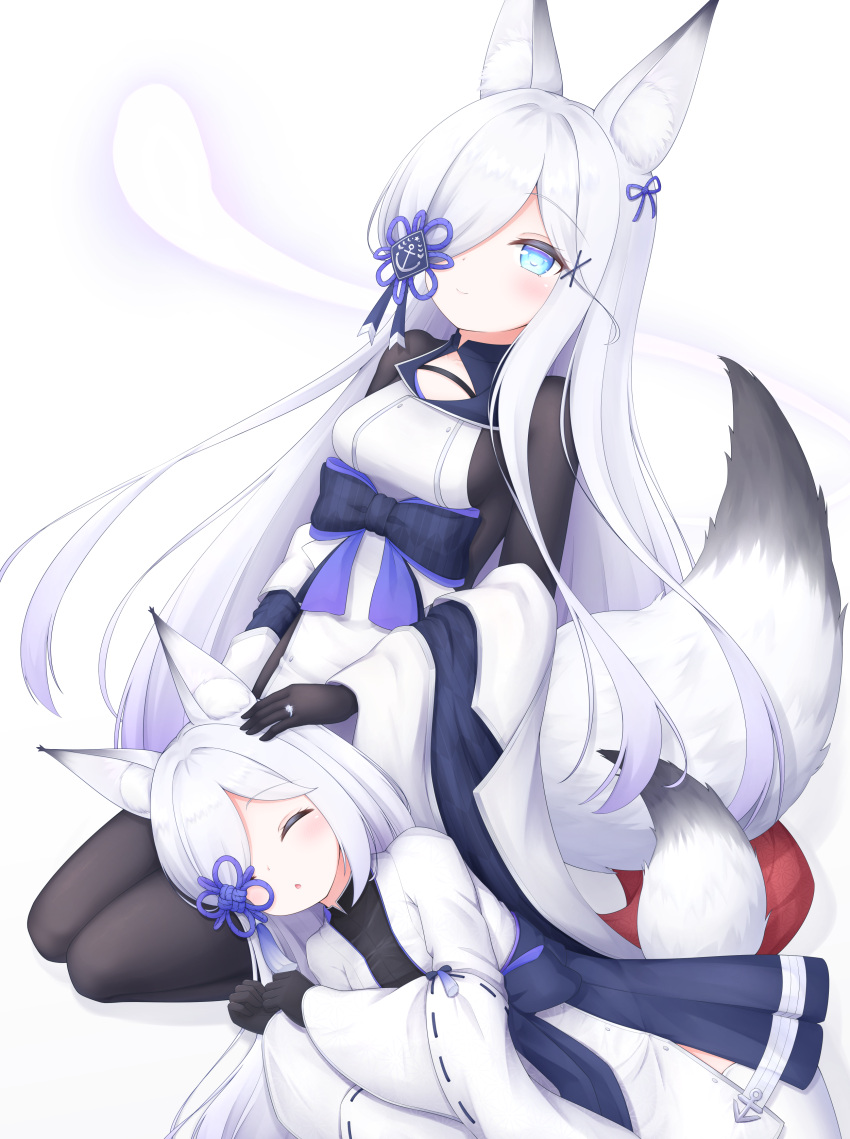 2girls absurdres animal_ear_fluff animal_ears azur_lane bangs black_bodysuit blue_eyes bodysuit bodysuit_under_clothes breasts closed_mouth commentary_request dual_persona fox_ears fox_tail hair_over_one_eye highres japanese_clothes kasumi_(azur_lane) kimono lap_pillow long_hair long_sleeves medium_breasts multiple_girls retrofit_(azur_lane) silver_hair simple_background smile swept_bangs tail vldjm13 white_background white_kimono wide_sleeves