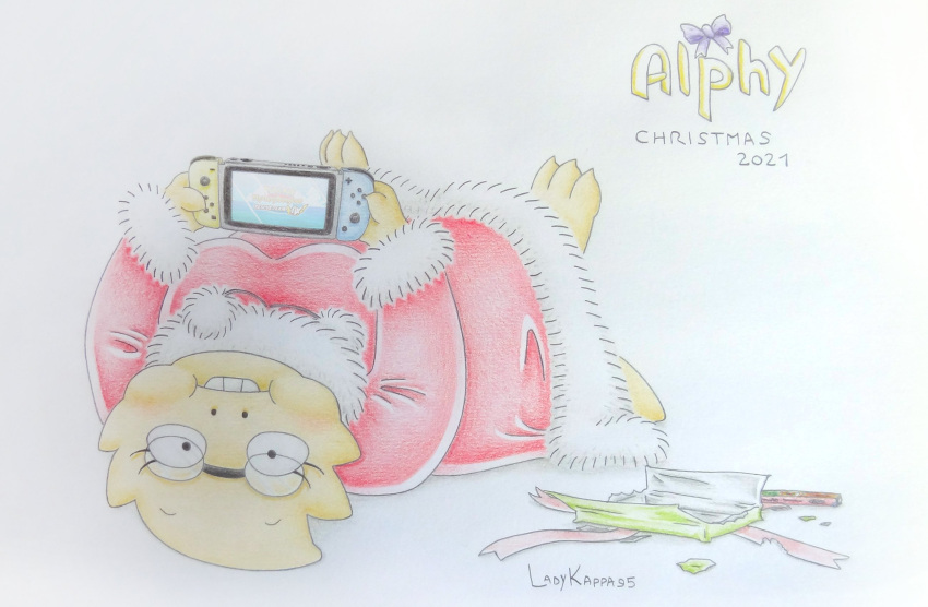 alphys anthro blush bow_tie breasts buckteeth clothed clothing english_text eyewear female fully_clothed glasses glasses_askew hi_res holding_console holding_nintendo_switch ladykappa95 lizard looking_at_viewer lying nintendo nintendo_switch non-mammal_breasts on_back present_wrap puffed_cheeks reptile santa_coat scales scalie signature simple_background solo teeth text thick_tail undertale_(series) video_games yellow_body yellow_scales