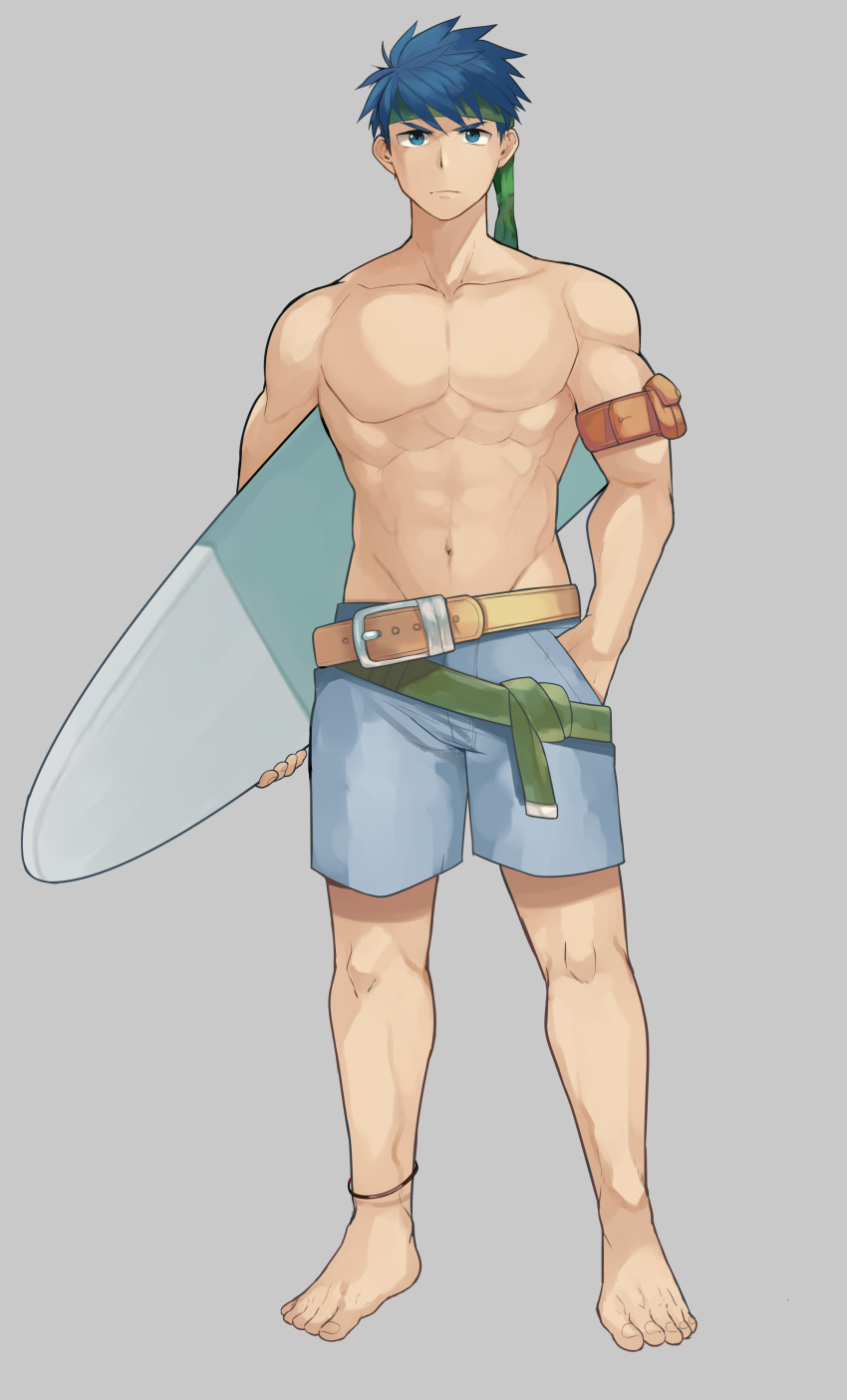 1boy abs absurdres aper bara blue_eyes blue_hair blue_male_swimwear cape commentary_request denim denim_shorts fire_emblem fire_emblem:_path_of_radiance fire_emblem_heroes full_body headband highres holding holding_surfboard ike_(fire_emblem) male_focus male_swimwear muscular muscular_male pectorals shorts smile solo surfboard swim_trunks topless_male