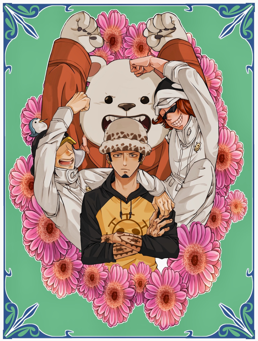 arms_up bear bepo crossed_arms facial_hair floral_background flower hat highres hood hoodie male_focus mii_(0hb625313261z2b) one_piece penguin_(one_piece) pink_flower polar_bear shachi_(one_piece) tattoo trafalgar_law uniform