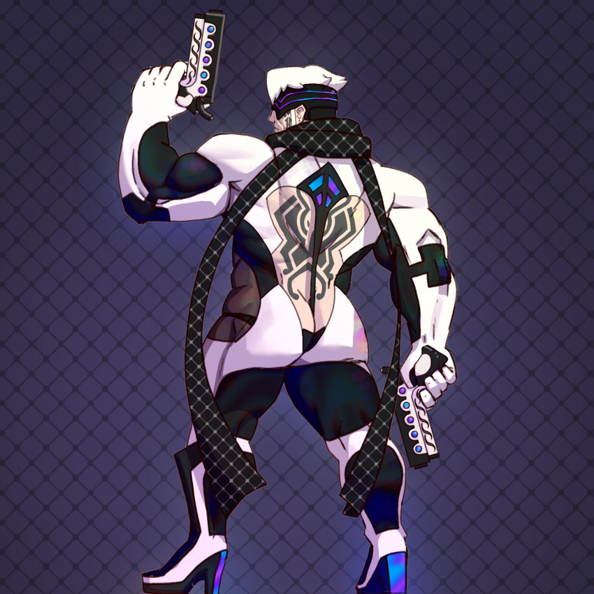 1boy 3d absurdres aegir's_official_chair_(maligma5) ass back_cutout back_tattoo backless_outfit bara between_buttocks bikini_briefs black_bodysuit black_scarf bodysuit character_request clothing_cutout copyright_request dual_wielding from_behind full_body gun highres holding holding_gun holding_weapon looking_to_the_side male_focus male_underwear muscular muscular_male scarf short_hair solo tattoo thick_thighs thighs underwear weapon white_hair
