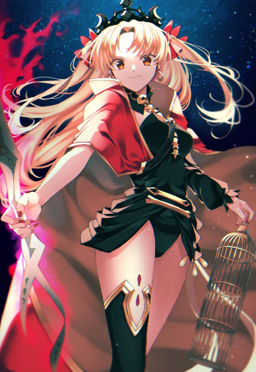 1girl absurdres black_background black_clothes blonde_hair breasts cloak earrings ereshkigal_(fate) fate/grand_order fate_(series) highres hoop_earrings jewelry leotard looking_at_viewer medium_breasts red_cloak red_eyes red_nails single_thighhigh skull smile solo spece_ponta starry_background thighhighs thighs