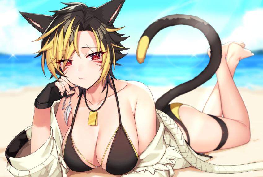 1girl animal_ears avatar_(ff14) bare_shoulders barefoot beach bikini black_bikini black_gloves black_hair blurry breasts cat_ears cat_girl cat_tail cleavage closed_mouth collarbone commission day depth_of_field facial_mark final_fantasy final_fantasy_xiv gloves halterneck hand_up jacket jewelry kinsenka_momi large_breasts legs_up long_sleeves looking_at_viewer lying miqo'te multicolored_hair necklace off_shoulder on_stomach open_clothes open_jacket outdoors red_eyes short_hair skeb_commission solo string_bikini swimsuit tail tail_raised the_pose thigh_strap thighs two-tone_hair white_jacket