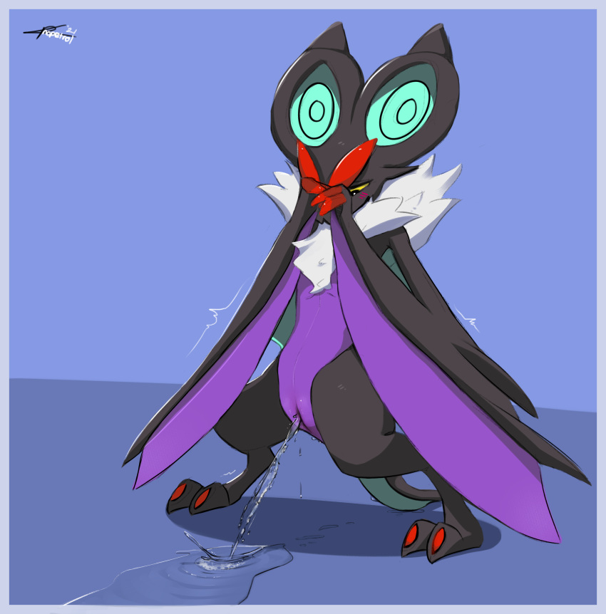 2021 biped black_body blue_background blush bodily_fluids claws clear_urine covering covering_face digital_media_(artwork) digitigrade female feral fur genital_fluids genitals hi_res membrane_(anatomy) membranous_wings multicolored_body nintendo noivern nopetrol peeing_on_floor pok&eacute;mon pok&eacute;mon_(species) purple_body pussy red_body red_claws shaking simple_background solo standing urine urine_pool urine_stream video_games watersports white_body white_fur wings