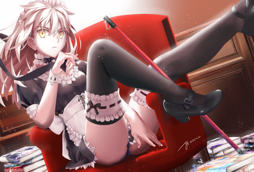 1girl apron artoria_pendragon_(alter_swimsuit_rider)_(fate) artoria_pendragon_(fate) bangs black_dress black_footwear black_legwear book chair choker closed_mouth commentary_request dress fate/grand_order fate_(series) highres long_hair looking_at_viewer maid maid_apron maid_headdress panties short_sleeves sitting sitting_sideways thighhighs thighs underwear white_apron white_background white_choker white_headwear wrist_cuffs yellow_eyes yipaint