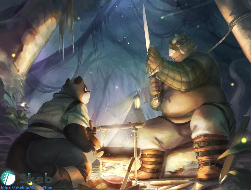 2021 anthro brown_body butt canid canine clothing cooking detailed_background duo hi_res humanoid_hands kemono male mammal melee_weapon nion outside overweight overweight_male plant raccoon_dog shirt sitting suid suina sus_(pig) sword tanuki topwear tree weapon wild_boar