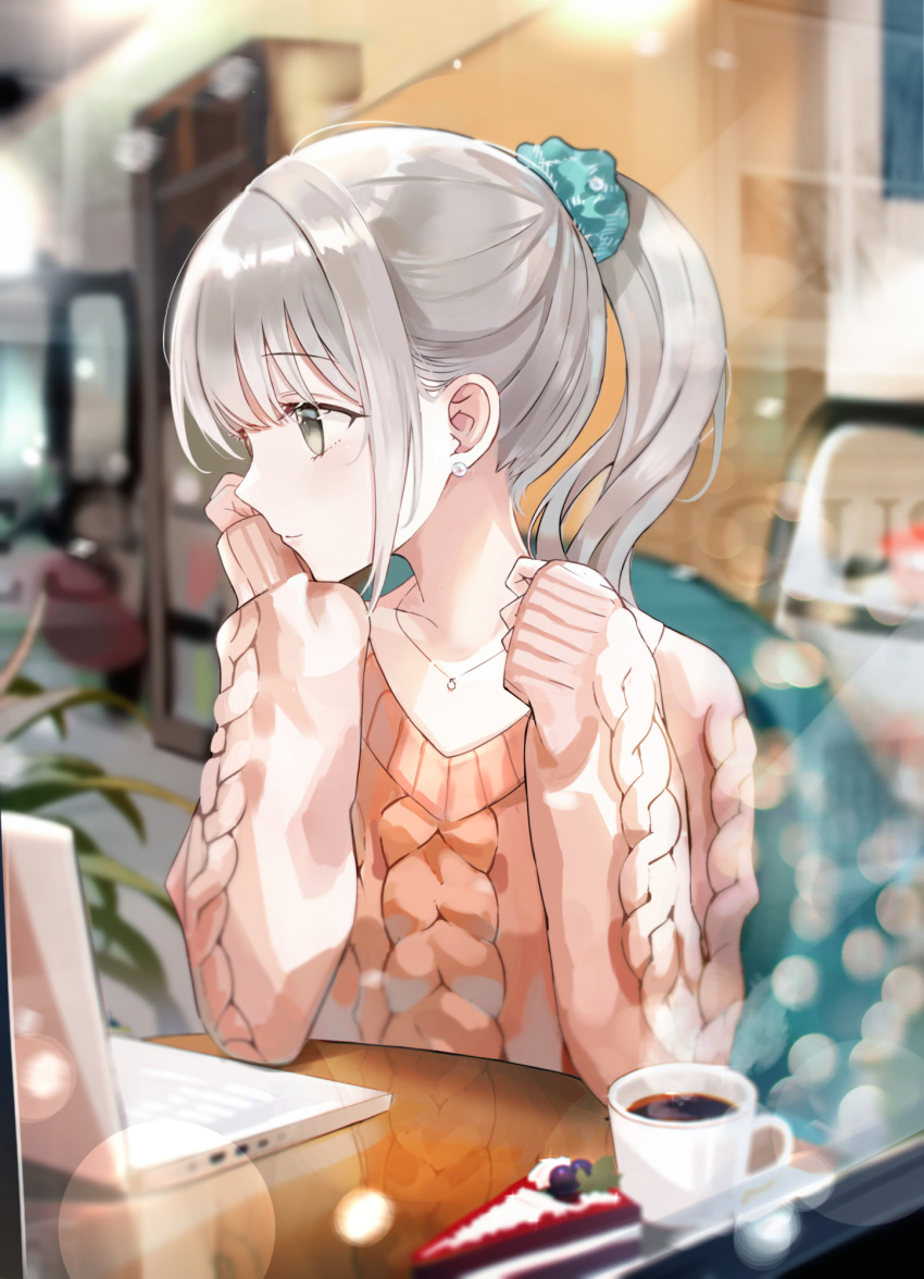 1girl bangs black_eyes blurry blurry_background cake coffee computer earrings food glass_wall grey_hair highres iren_lovel jewelry long_hair necklace original ponytail sweater