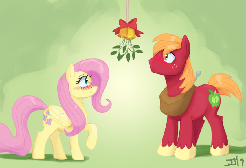 bell big_macintosh_(mlp) blonde_hair blush color_edit colored duo edit equid equine female fluttershy_(mlp) friendship_is_magic hair hooves horse john_joseco male mammal mistletoe my_little_pony pegasus pink_hair plant pony raised_hoof wings yoke