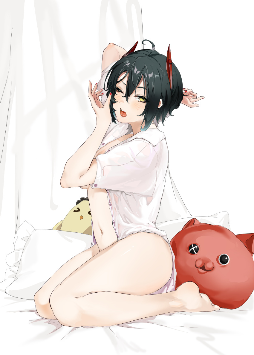 1girl absurdres ahoge azur_lane bangs bare_legs barefoot black_hair collared_shirt commentary_request feet hair_between_eyes highres nail_polish naked_shirt navel on_bed one_eye_closed open_clothes open_mouth open_shirt piercing pillow red_nails sadan1317 seiza shirt short_hair sidelocks sitting solo stomach tongue tongue_piercing ulrich_von_hutten_(azur_lane) waking_up white_shirt yawning yellow_eyes