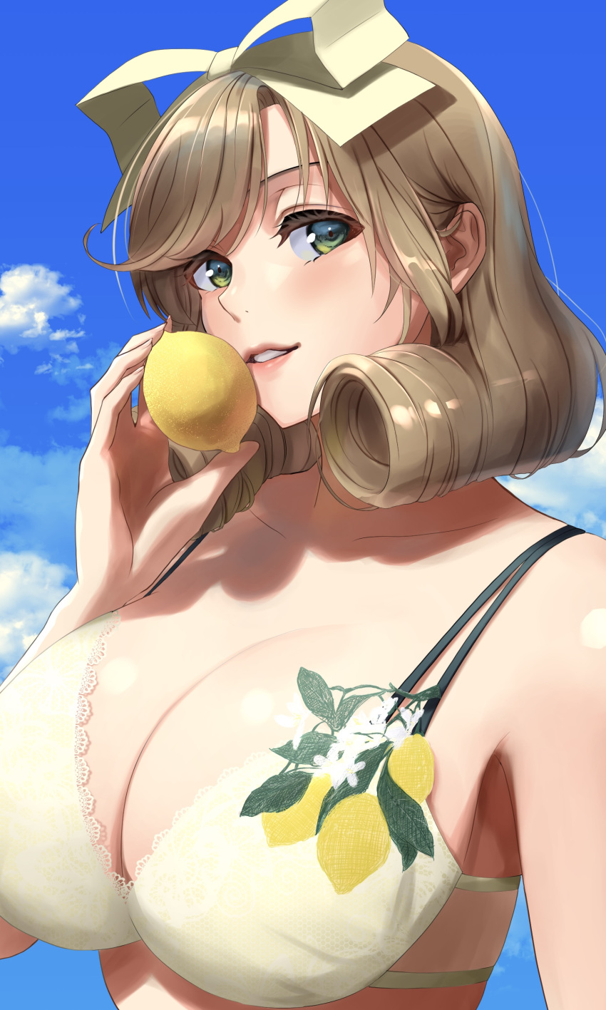 1girl absurdres bangs bikini blue_sky breasts brown_hair cloud collarbone commentary_request curly_hair day food fruit green_eyes hair_ribbon haruka_(senran_kagura) highres holding holding_food holding_fruit large_breasts lemon lemonrou looking_at_viewer outdoors parted_lips ribbon senran_kagura senran_kagura_estival_versus senran_kagura_shinovi_versus sky smile solo swimsuit upper_body white_bikini