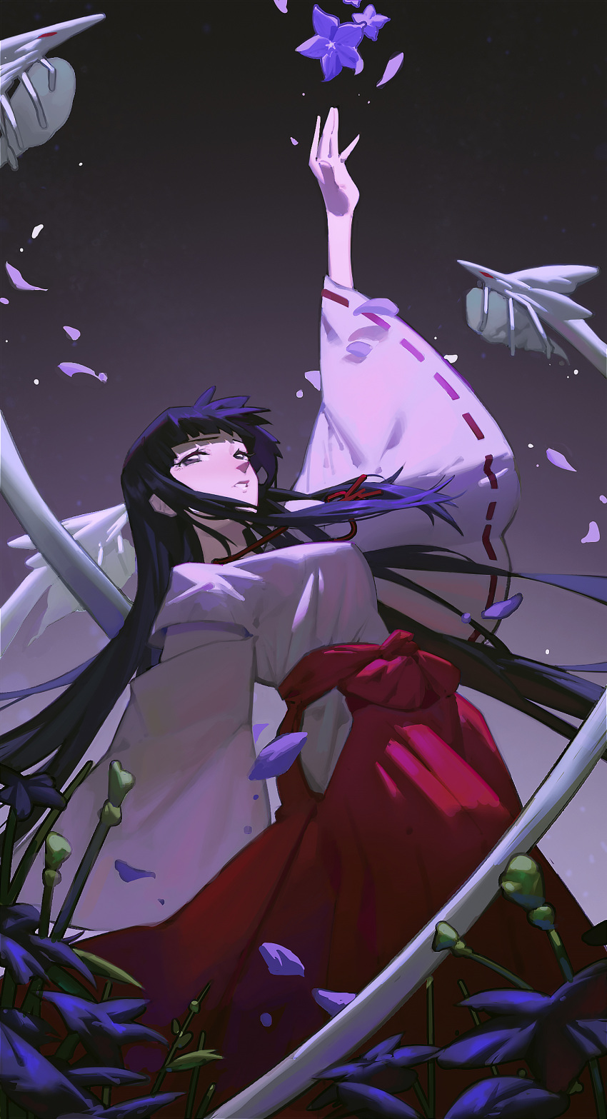 1girl absurdres bellflower black_hair brown_eyes chilakkk chinese_bellflower creature dark falling flower hakama highres hitodama inuyasha japanese_clothes kikyou_(inuyasha) long_hair miko outstretched_arm outstretched_hand parted_lips petals red_hakama shinidamachuu very_long_hair wide_sleeves