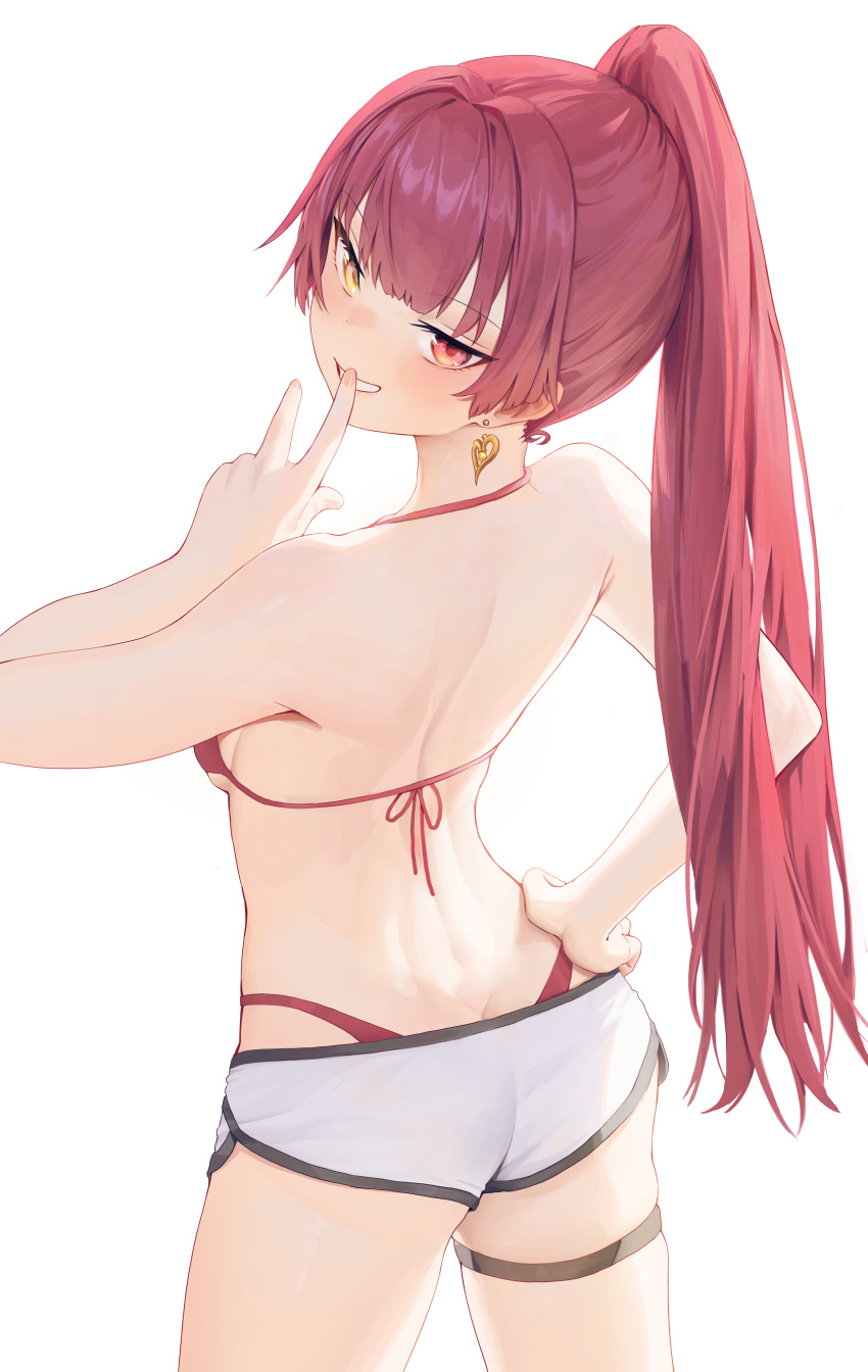 1girl absurdres ass bangs bare_arms bare_back bikini blush breasts commentary cowboy_shot earrings eyebrows_visible_through_hair from_behind grin halter_top halterneck hand_on_hip hand_up heart heart_earrings heterochromia highleg highleg_bikini highres hololive houshou_marine jewelry long_hair looking_at_viewer micro_shorts ponytail red_bikini red_eyes red_hair ritae shorts simple_background smile solo standing swimsuit very_long_hair virtual_youtuber white_background white_shorts yellow_eyes