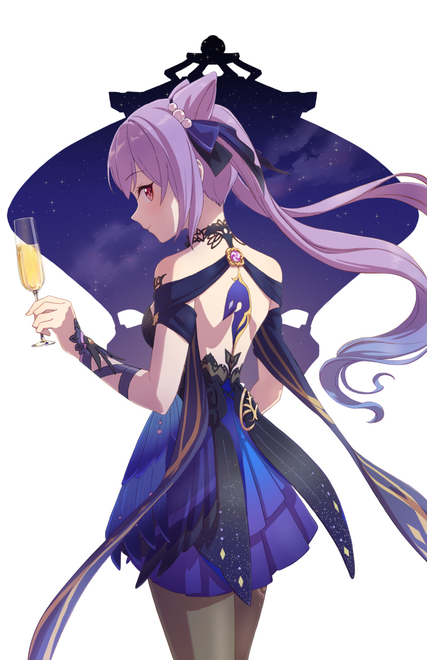 1girl alcohol backless_dress backless_outfit bare_shoulders black_legwear blue_dress blush breasts champagne cleavage cup double_bun dress drinking_glass genshin_impact hair_bun hair_ornament highres keqing_(genshin_impact) keqing_(opulent_splendor)_(genshin_impact) looking_at_viewer multicolored_clothes multicolored_dress night night_sky pantyhose simple_background sky smile white_background zai_(pixiv)