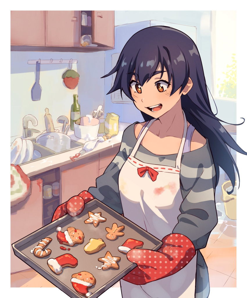 +_+ 1girl apron baking baking_sheet blush christmas clothes_pull collarbone cookie cooking dress food gingerbread_cookie gingerbread_man gloves hair_ornament hairpin happy highres indoors kanbaru_suruga kitchen ladle long_hair long_sleeves mittens monogatari_(series) nifffi off-shoulder_dress off-shoulder_sweater off_shoulder open_mouth orange_eyes oven_mitts purple_hair solo strap striped striped_sweater sweater sweater_dress sweater_pull thick_eyebrows white_apron