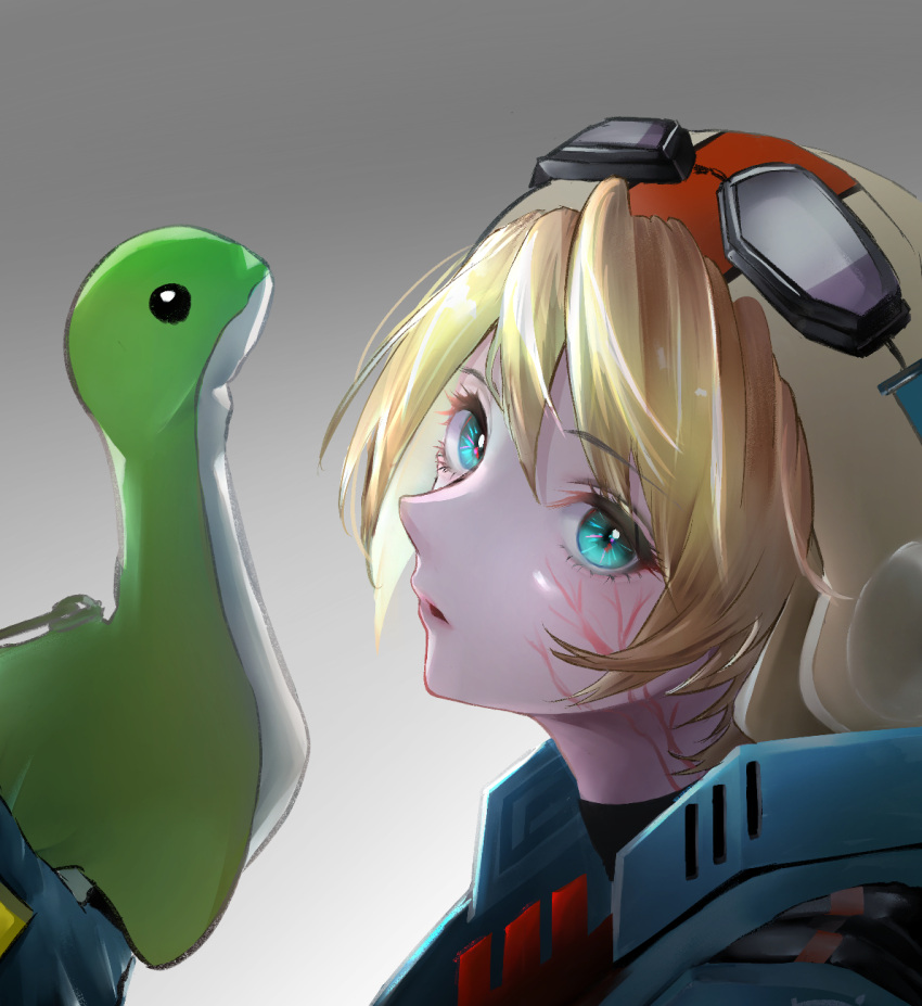 1girl apex_legends armor blonde_hair blue_eyes eyebrows_visible_through_hair from_side goggles goggles_on_headwear grey_background head_tilt highres hikari_(hikaripauwa) holding holding_stuffed_toy looking_at_viewer nessie_(respawn) parted_lips scar scar_on_cheek scar_on_face short_hair solo stuffed_toy wattson_(apex_legends) wired_for_speed_wattson