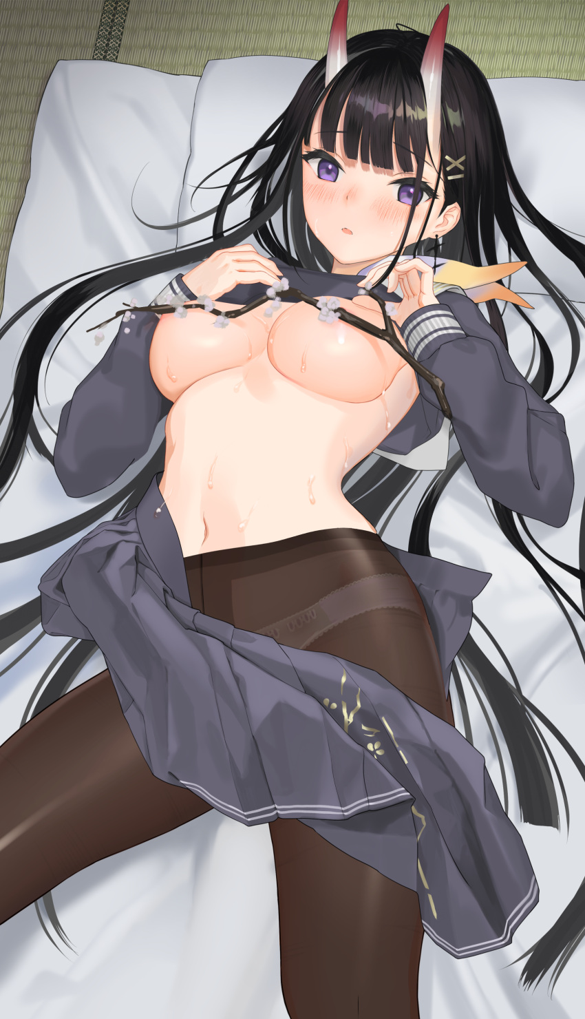 1girl absurdres areola_slip areolae azur_lane bangs black_hair blunt_bangs blush branch breasts breasts_outside brown_legwear clothes_lift commentary_request convenient_censoring eyebrows_visible_through_hair feet_out_of_frame from_above futon grey_shirt grey_skirt hair_ornament hairclip highres horns indoors large_breasts lifted_by_self long_hair long_sleeves looking_at_viewer lying nanam_(nanam_sk) navel no_bra noshiro_(azur_lane) on_back oni_horns open_clothes open_skirt panties panties_under_pantyhose pantyhose parted_lips pillow purple_eyes school_uniform serafuku shirt shirt_lift skin-covered_horns skirt solo stomach tatami underwear white_panties x_hair_ornament