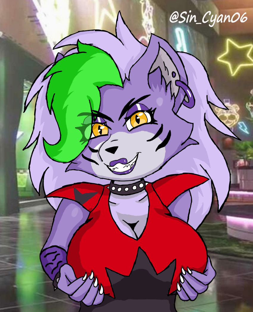2021 absurd_res anthro big_breasts breasts canid canine canis clothed clothing collar digital_media_(artwork) ear_piercing evil_grin eyeshadow fangs female five_nights_at_freddy's five_nights_at_freddy's:_security_breach fur green_hair hair hand_on_breast hi_res looking_at_viewer makeup mammal piercing purple_body purple_fur purple_hair roxanne_wolf_(fnaf) scottgames sin_cyan06 sin_teal smile solo spiked_collar spikes teeth teeth_showing video_games wolf yellow_eyes