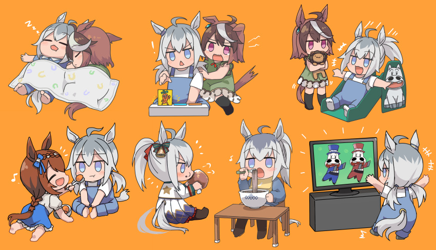 ! +++ 3girls absurdres ahoge animal_ears baby bangs barefoot blanket blue_skirt braid brown_hair chicken_leg closed_eyes dress drooling earrings eating eighth_note feeding food fork green_dress highres horse_ears horse_girl horse_tail jewelry jitome kusanagi_kaoru midori_makibaoo midori_no_makibaoo mouth_drool multiple_girls multiple_views musical_note noodles notice_lines oguri_cap_(umamusume) open_mouth orange_background overalls ponytail shared_blanket shirt simple_background single_earring sitting skirt sleeping slide stuffed_animal stuffed_lion stuffed_toy super_creek_(umamusume) symboli_rudolf_(umamusume) table tail tail_raised television umamusume white_shirt zzz