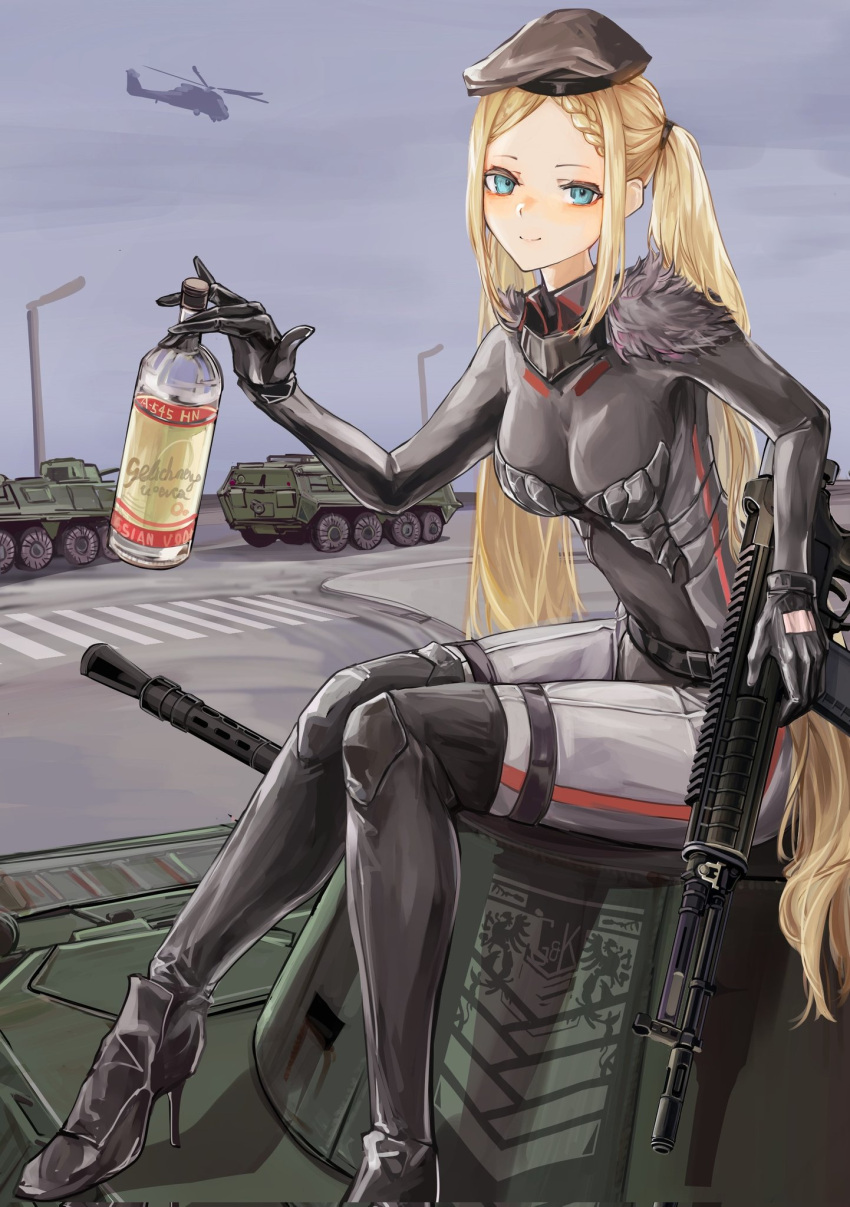 1girl a-545_(girls'_frontline) a545 aircraft alcohol aqua_eyes assault_rifle belt beret black_footwear black_gloves blonde_hair bodysuit boots bottle braid breasts closed_mouth eyebrows_visible_through_hair full_body girls'_frontline gloves grey_bodysuit grifon_&amp;_kryuger gun hair_ornament hairclip hat helicopter high_heel_boots high_heels highres holding holding_bottle holding_gun holding_weapon knee_boots lithographica long_hair looking_at_viewer medium_breasts military military_vehicle revision rifle simple_background sitting smile solo stolichnaya_(vodka) twintails vodka weapon