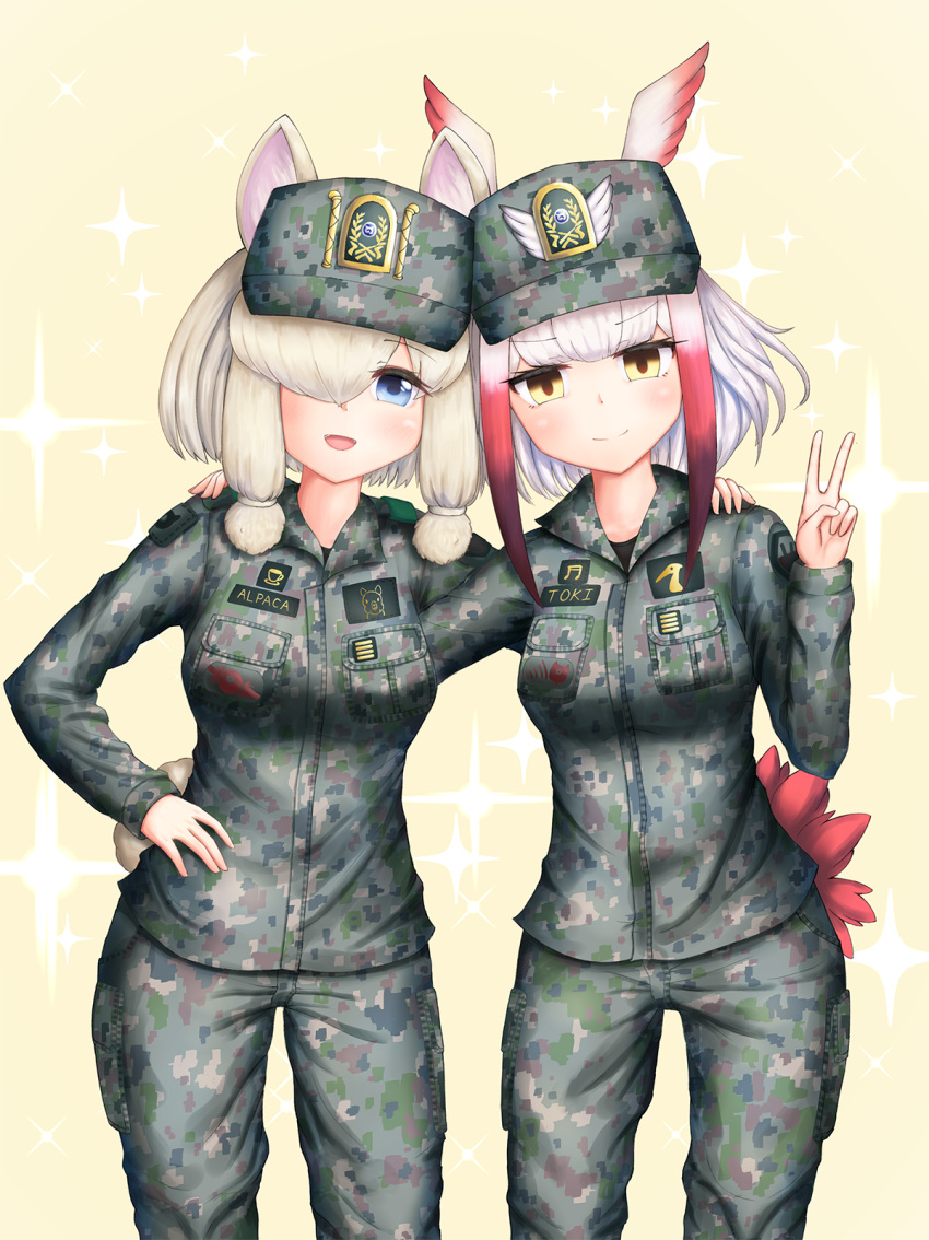 2girls alpaca_suri_(kemono_friends) alternate_costume animal_ears blonde_hair blue_eyes blush breasts brown_eyes camouflage camouflage_headwear camouflage_jacket camouflage_pants character_name closed_mouth ears_through_headwear eyebrows_visible_through_hair hair_over_one_eye hand_on_another's_shoulder hat head_wings highres jacket japanese_crested_ibis_(kemono_friends) kemono_friends looking_at_viewer medium_breasts multicolored_hair multiple_girls neukkom open_mouth pants red_hair short_hair smile tail v white_hair