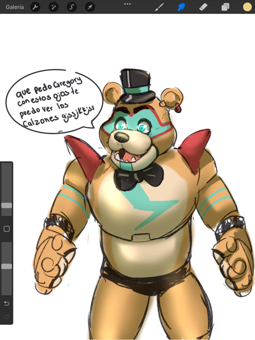 2021 anthro biped black_nose blue_eyes bow_tie clothing dialogue five_nights_at_freddy's five_nights_at_freddy's:_security_breach glamrock_freddy_(fnaf) hat headgear headwear hi_res humanoid_hands mammal scottgames smollsaid solo spanish_text text ursid video_games