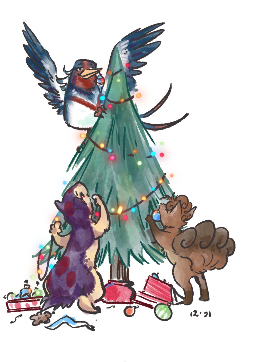 absurd_res avian beak bird_feet blitz_(gyro) blue_body blue_eyes bria_cindertails brown_body christmas christmas_lights christmas_ornament christmas_tree countershading fan_character feathered_crest feathered_wings feathers female feral green_eyes hair head_crest hi_res holidays male markings mistral_(gyro) mottled mottled_body multi_tail nintendo not-fun paws plant pok&eacute;mon pok&eacute;mon_(species) purple_body quadruped quilava red_markings swellow tail_feathers talons tan_body tree video_games vulpix white_body white_markings wings yellow_eyes