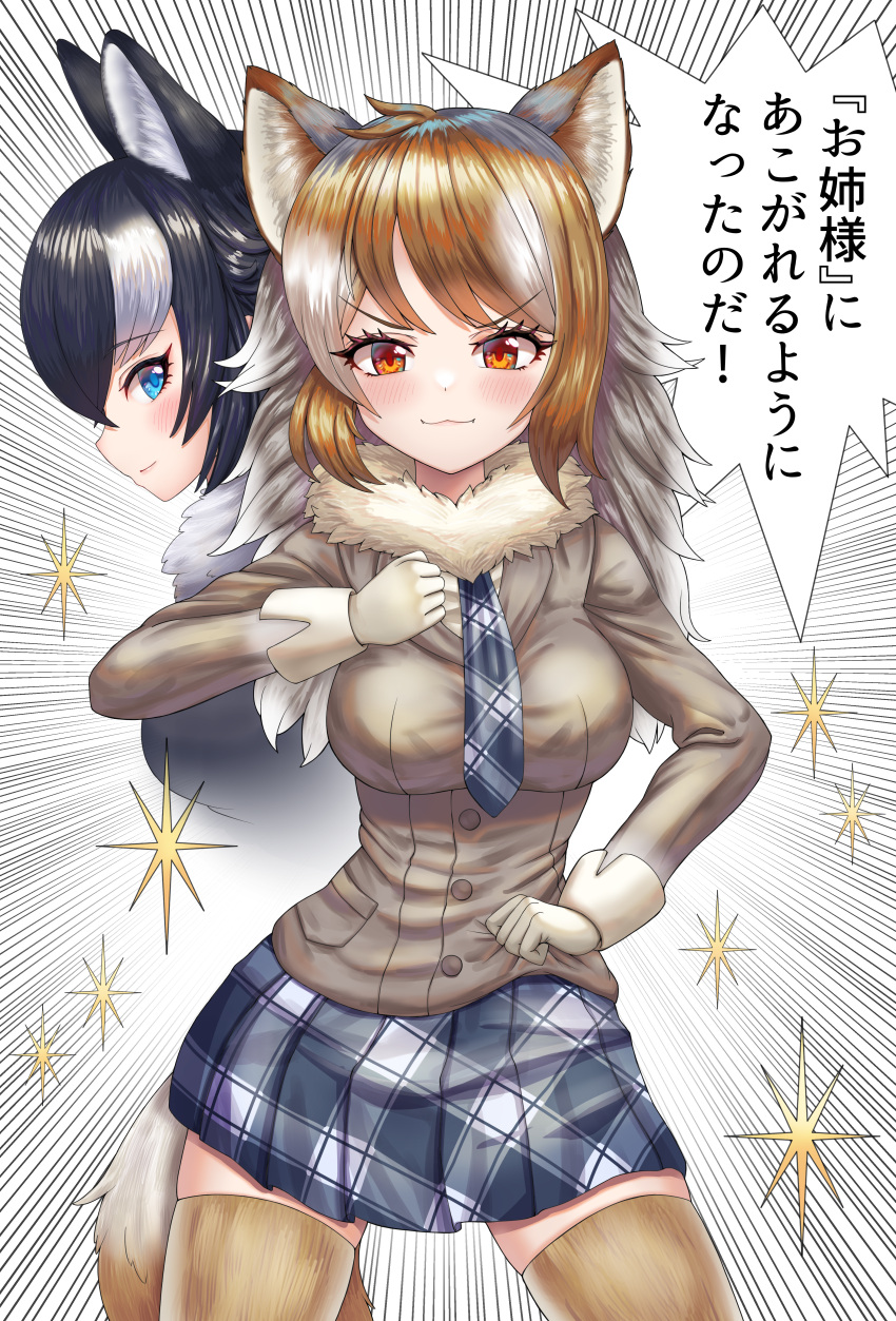 2girls :3 absurdres animal_ears black_hair blue_eyes blush breasts brown_eyes brown_hair brown_legwear closed_mouth eyebrows_visible_through_hair gloves grey_wolf_(kemono_friends) highres italian_wolf_(kemono_friends) jojo_pose kemono_friends long_hair long_sleeves looking_at_viewer medium_breasts multicolored_hair multiple_girls neukkom plaid plaid_skirt pleated_skirt pose skirt smile speech_bubble speed_lines tail thighhighs translation_request white_gloves white_hair wolf_ears wolf_girl wolf_tail