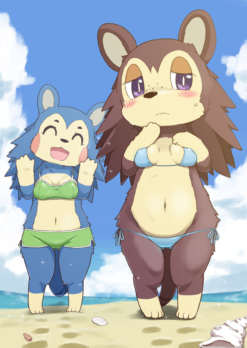 2020 4_toes :d animal_crossing anthro beach bikini bikini_shorts biped blue_body blue_fur blue_sky blush breasts brown_body brown_fur cleavage clothed clothing cloud countershading day digital_media_(artwork) duo embarrassed eulipotyphlan eyes_closed feet female front_view fur gesture gloves_(marking) hedgehog hi_res koorinezumi leg_markings looking_at_viewer low-angle_view mabel_able mammal markings multicolored_body multicolored_fur navel nintendo nipple_outline open_mouth open_smile outside pupils purple_eyes ring_(marking) ringtail sable_able seashell seaside shell side-tie_bikini sky slit_pupils smile socks_(marking) standing string_bikini swimwear tail_markings tan_body tan_fur toes two_tone_body two_tone_fur video_games waving waving_at_viewer