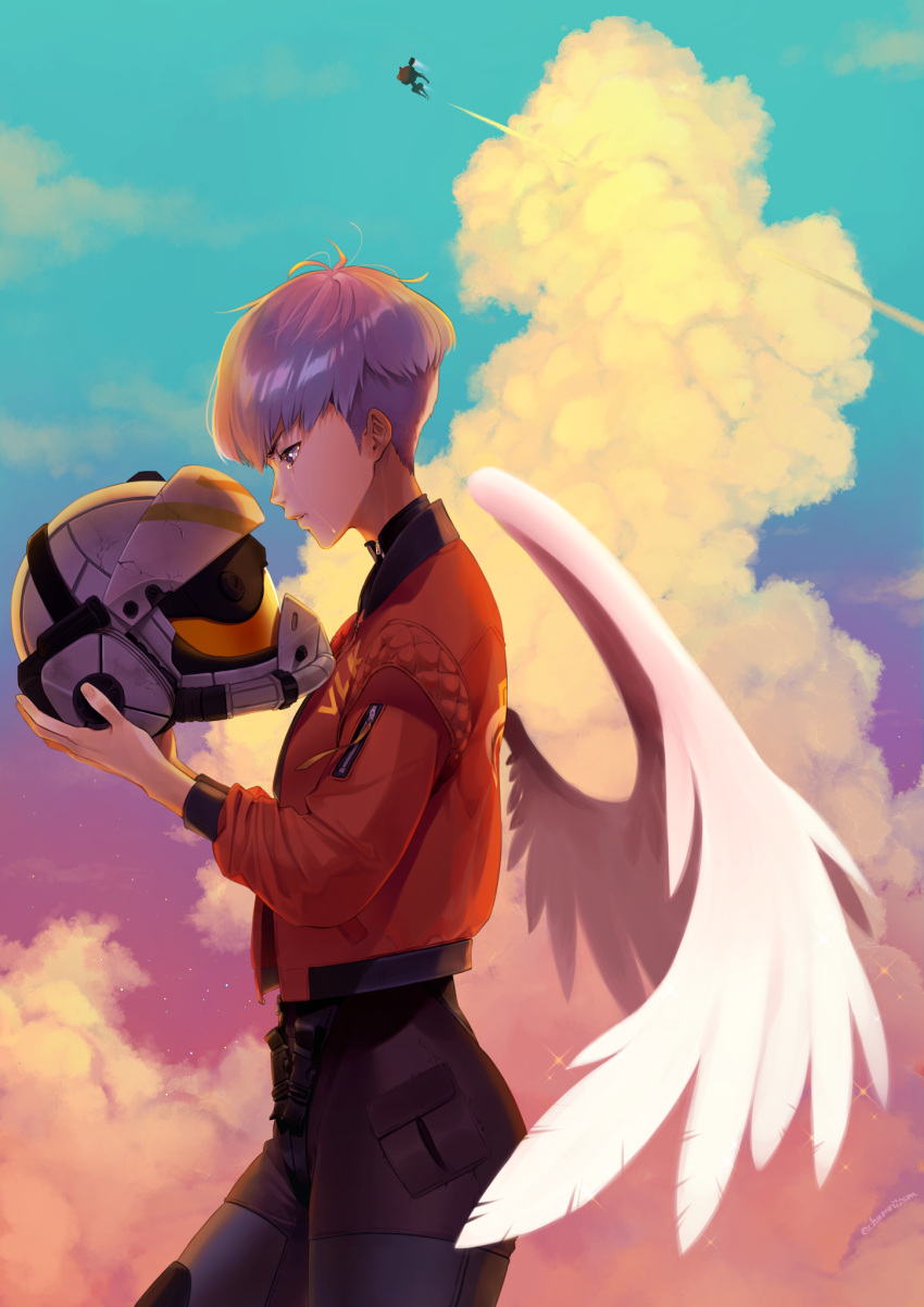 1girl apex_legends black_pants black_sweater brown_eyes chamuri_(chumriiism) cloud crying crying_with_eyes_open flying from_side grey_hair helmet highres holding holding_helmet jacket looking_down mecha northstar_(titanfall) pants red_jacket short_hair sky solo sweater tears titanfall_(series) titanfall_2 undercut valkyrie_(apex_legends) wings