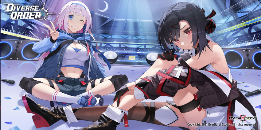 2girls amplifier black_hair blue_eyes blue_hairband breasts character_request cleavage closed_mouth commentary crescent_moon diverse_order grin hair_bun hair_ornament hairband hairclip highres indian_style large_breasts light_blush light_rays looking_at_viewer microphone midriff moon multiple_girls navel night night_sky one_eye_closed pink_hair red_eyes sitting skirt sky smile star741 tank_top v white_legwear white_skirt