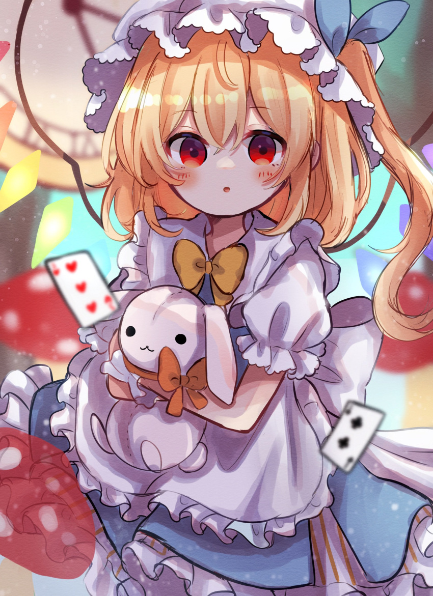 1girl absurdres alice_(alice_in_wonderland) alice_(alice_in_wonderland)_(cosplay) alice_in_wonderland apron bangs blonde_hair blurry blurry_background bow bowtie card clock cosplay crystal dorowa_(drawerslove) eyebrows_visible_through_hair flandre_scarlet frills hat highres holding holding_stuffed_toy looking_at_viewer mob_cap one_side_up open_mouth playing_card red_eyes short_hair short_sleeves solo stuffed_animal stuffed_bunny stuffed_toy touhou waist_apron white_apron white_headwear wings yellow_bow yellow_bowtie