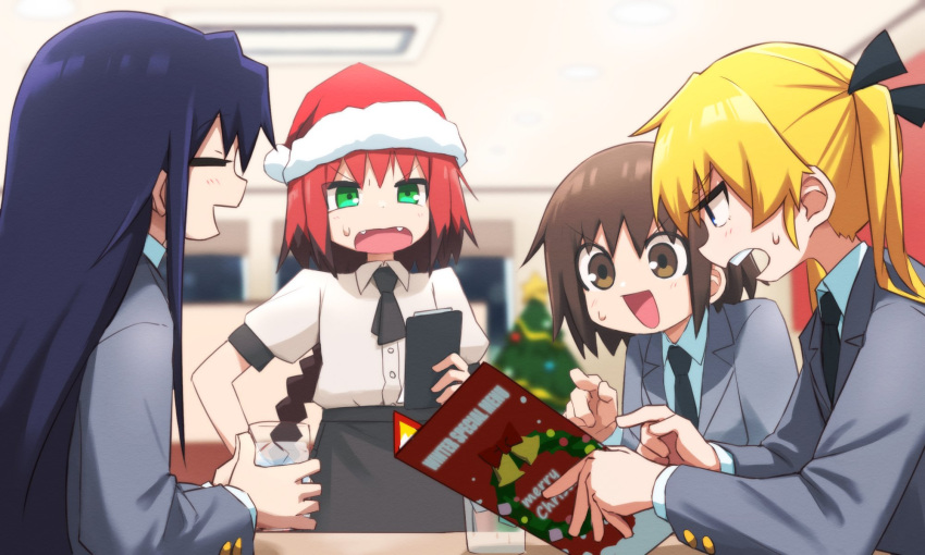 4girls black_necktie black_ribbon blonde_hair blue_eyes blue_hair blush braid brown_eyes brown_hair christmas christmas_tree closed_eyes collared_shirt cup drinking_glass eyebrows_visible_through_hair facing_another fangs goshiki_agiri green_eyes hair_ribbon hat highres holding holding_cup holding_menu ice ice_cube indoors kill_me_baby long_hair long_sleeves looking_at_another menu multicolored_hair multiple_girls necktie open_mouth oribe_yasuna red_hair red_headwear ribbon santa_hat school_uniform shirt short_hair short_sleeves single_braid smile sonya_(kill_me_baby) sweatdrop table teeth twintails unused_character upper_teeth water white_shirt yachima_tana