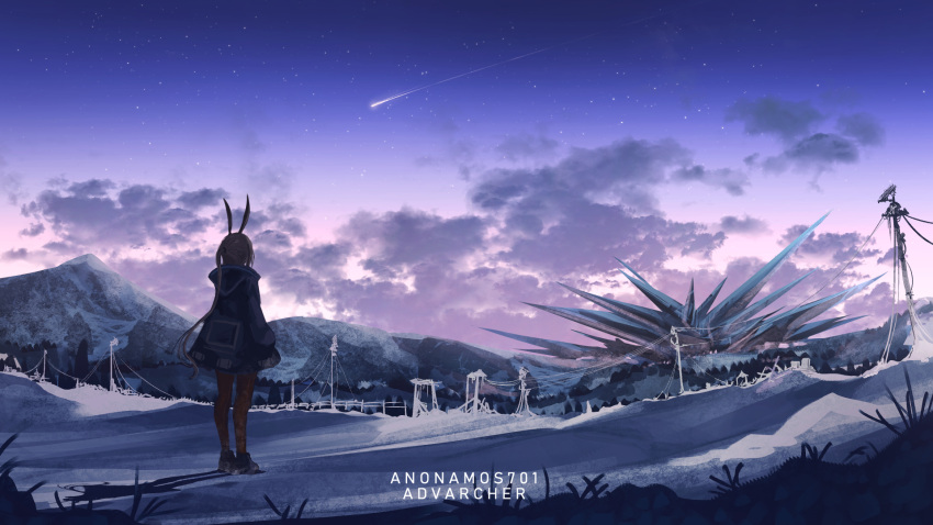 1girl amiya_(arknights) animal_ears anonamos arknights artist_name brown_hair cloud cloudy_sky coat comet from_behind full_body highres long_hair long_sleeves looking_away low_ponytail outdoors pantyhose power_lines rabbit_ears scenery sky snow solo standing star_(sky) starry_sky utility_pole