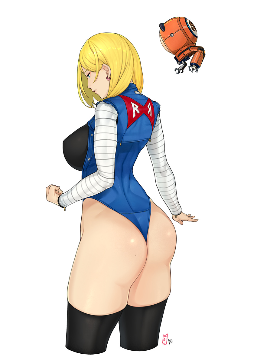 1girl absurdres android_18 ass black_shirt blonde_hair blue_eyes breasts clenched_hand commentary cosplay cropped_legs denim dragon_ball dragon_ball_z earrings english_commentary from_side highres jewelry kuririn large_breasts pod_(nier_automata) pod_(nier_automata)_(cosplay) profile shirt simple_background striped_sleeves thighhighs thighs white_background white_legwear white_sleeves yorha_no._2_type_b yorha_no._2_type_b_(cosplay) zcune