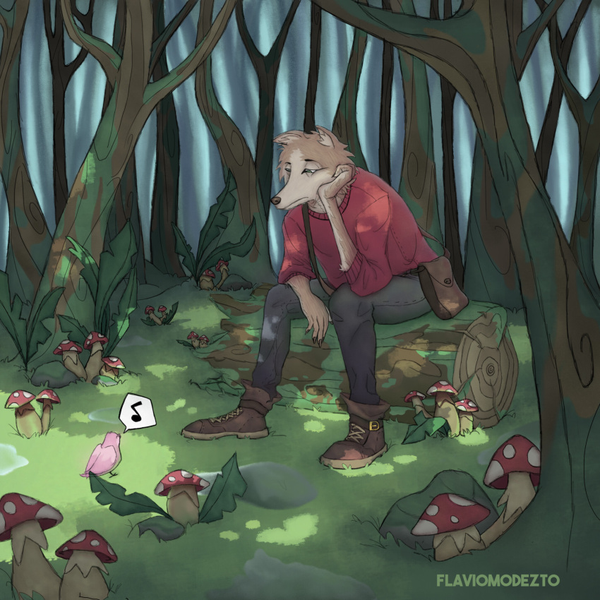1:1 anthro avian bird boots bottomwear brown_body brown_fur canid canine canis chirping clothed clothing elbow_on_knee feral flaviomodezto footwear forest frown fungus fur grass half-closed_eyes hand_on_face head_tuft hi_res isolation leaf log male mammal moss mushroom musical_note narrowed_eyes nature outside pants plant sad satchel shadow sitting sitting_on_log slim slouching solo speech_bubble sweater topwear tree tuft wolf wood