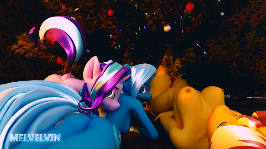 16:9 3d_(artwork) anthro blue_body christmas christmas_lights christmas_tree digital_media_(artwork) equestria_girls equid equine female female/female friendship_is_magic group hi_res holidays looking_back mammal melvelvin my_little_pony nude orange_body pink_body plant starlight_glimmer_(mlp) sunset_shimmer_(eg) tree trixie_(mlp) watermark widescreen