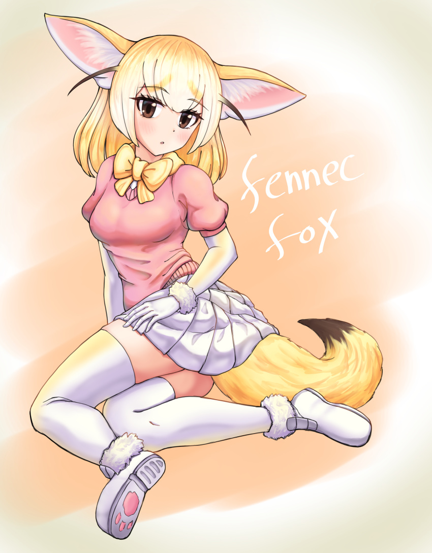 1girl absurdres animal_ears blonde_hair bow bowtie brown_eyes character_name elbow_gloves eyebrows_visible_through_hair fennec_(kemono_friends) fox_ears fox_girl fox_tail gloves gradient_hair highres kemono_friends looking_at_viewer multicolored_hair neukkom pleated_skirt shoes short_hair skirt sneakers solo tail thighhighs white_footwear white_gloves white_hair white_legwear white_skirt yellow_bow yellow_bowtie
