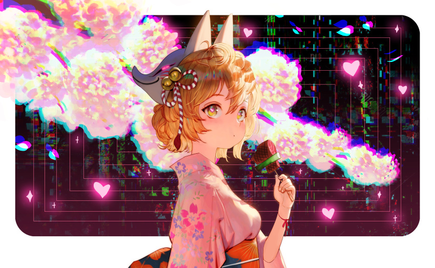 1girl absurdres bangs bell blonde_hair branch breasts commentary fingernails floral_print food fox_mask from_side hair_bell hair_between_eyes hair_bun hair_ornament heart heart-shaped_pupils highres holding holding_food japanese_clothes kimono long_sleeves looking_at_viewer looking_away looking_to_the_side mask mask_on_head medium_breasts obi original outside_border pink_kimono ribbon rounded_corners sash short_hair sidelocks skewer solo symbol-shaped_pupils updo upper_body wonbin_lee wrist_ribbon yellow_eyes yukata