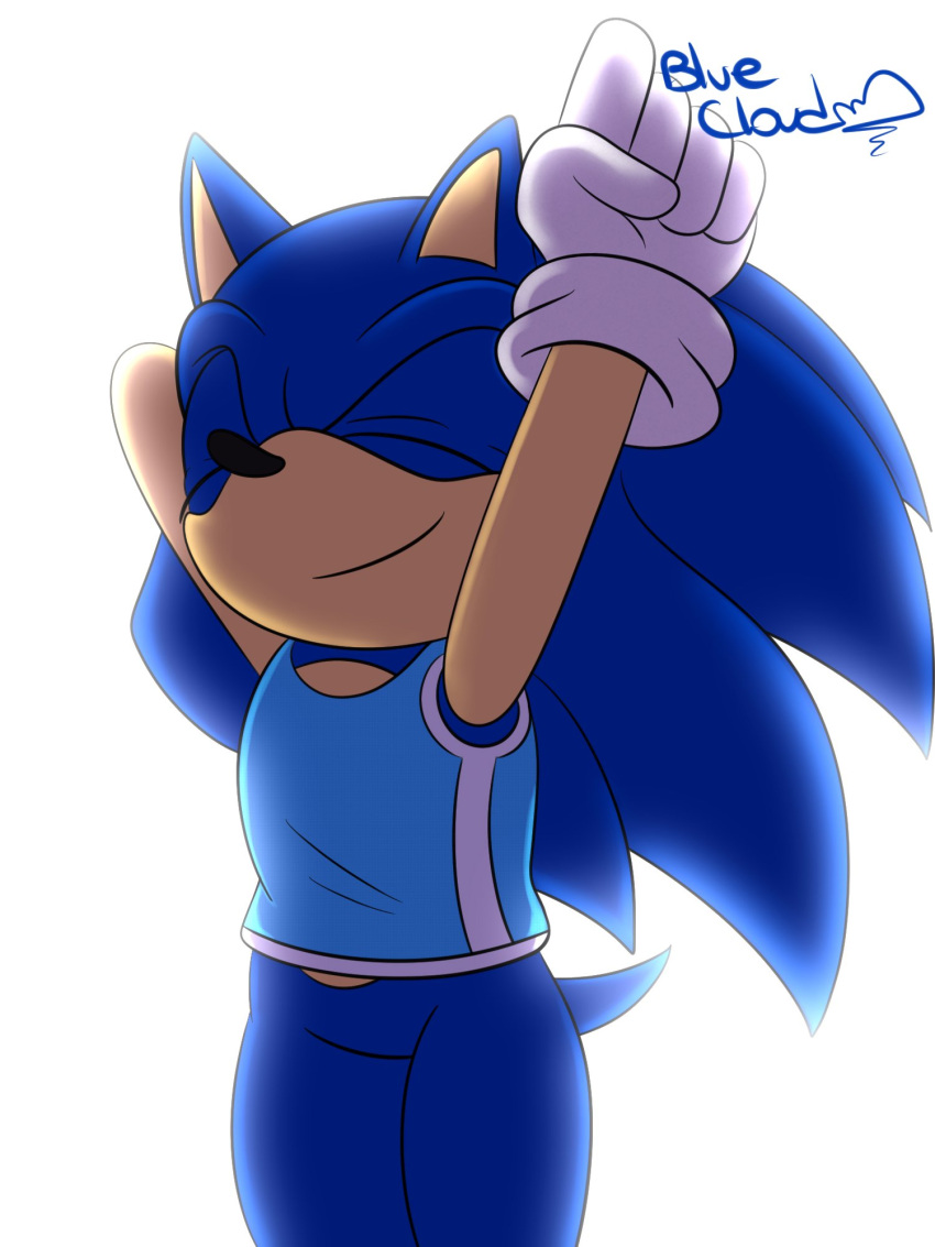 blue_body blue_clothing blue_fur blue_shirt blue_topwear bluecloud clothing eulipotyphlan eyes_closed fur gloves handwear hedgehog hi_res male mammal mario_and_sonic_at_the_olympic_games raised_hand sega shirt simple_background slightly_chubby smile solo sonic_the_hedgehog sonic_the_hedgehog_(series) sportswear stretching thick_thighs topwear white_background