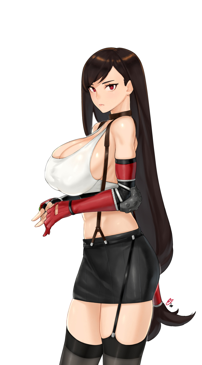 1girl absurdres bangs bare_shoulders black_hair black_legwear black_skirt breasts choker cleavage closed_mouth commentary crop_top elbow_gloves elbow_pads final_fantasy final_fantasy_vii from_side garter_straps gloves highres large_breasts long_hair looking_at_viewer looking_to_the_side low-tied_long_hair midriff partially_fingerless_gloves pencil_skirt red_eyes red_gloves shirt simple_background skirt solo standing suspender_skirt suspenders swept_bangs tank_top taut_clothes taut_shirt thighhighs thighs tifa_lockhart very_long_hair white_background white_tank_top zcune