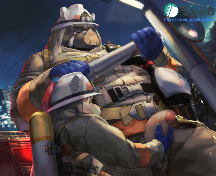 2021 anthro armor bodily_fluids bottomwear canid canine canis censored clothing detailed_background domestic_dog duo flaccid genital_fluids genitals gloves handwear hard_hat headgear helmet hi_res humanoid_genitalia humanoid_hands humanoid_penis kemono male male/male mammal night nion outside overweight overweight_male pants peeing penis suid suina sus_(pig) unavailable_at_source urine wild_boar