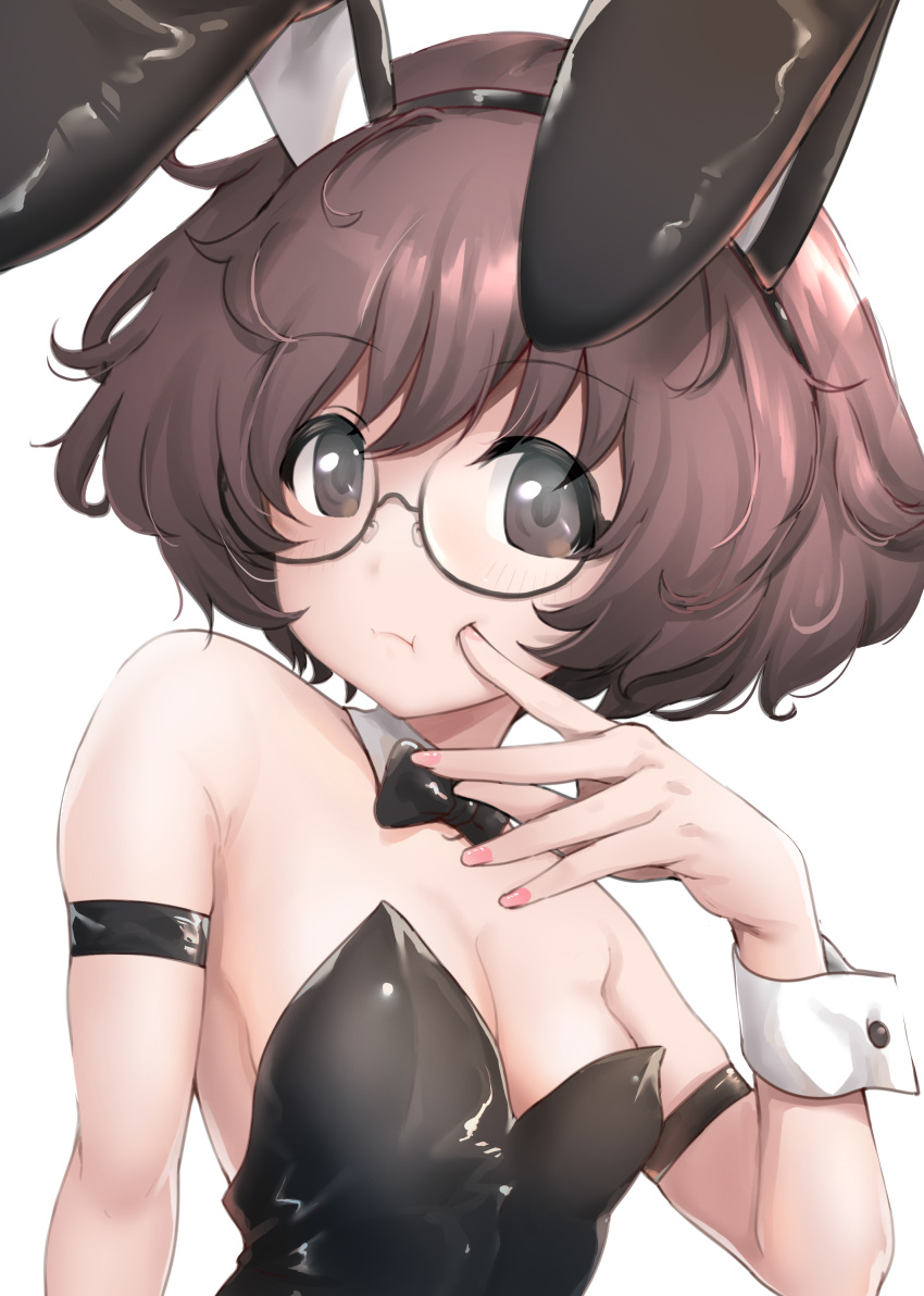 1girl :t absurdres akiyama_yukari alternate_costume animal_ears bare_shoulders bespectacled black-framed_eyewear black_bow black_bowtie bow bowtie breasts brown_eyes brown_hair cleavage detached_collar finger_to_cheek fingernails girls_und_panzer glasses highres long_fingernails messy_hair mini_bowtie nail_polish pink_nails playboy_bunny rabbit_ears shiina_excel small_breasts solo upper_body white_background wrist_cuffs