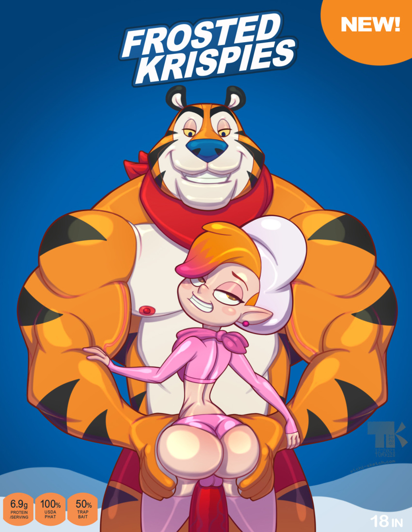 anthro duo female frosted_flakes hi_res human kellogg's male male/female mammal mascot rice_krispies snap tony_the_tiger turk128