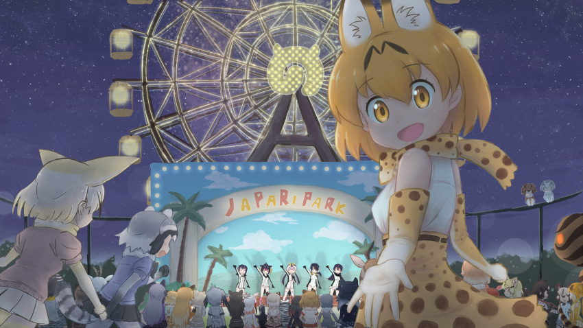 6+girls :d african_wild_dog_(kemono_friends) animal_ears arm_up bird_wings black_hair blonde_hair bow bowtie brown_bear_(kemono_friends) character_request chinese_commentary commentary_request common_raccoon_(kemono_friends) elbow_gloves emperor_penguin_(kemono_friends) eurasian_eagle_owl_(kemono_friends) ezo_red_fox_(kemono_friends) fennec_(kemono_friends) ferris_wheel fox_ears fox_tail from_behind fur_collar gentoo_penguin_(kemono_friends) gloves golden_snub-nosed_monkey_(kemono_friends) grape-kun grey_gloves grey_hair grey_wolf_(kemono_friends) hand_up highres hippopotamus_(kemono_friends) hippopotamus_ears holding holding_microphone hood humboldt_penguin_(kemono_friends) idol japanese_crested_ibis_(kemono_friends) japari_symbol kemono_friends leopard_(kemono_friends) lights lion_(kemono_friends) lion_ears looking_at_viewer looking_back microphone moose_(kemono_friends) mu_gong_shi multiple_girls night night_sky northern_white-faced_owl_(kemono_friends) orange_gloves outstretched_hand palm_tree plains_zebra_(kemono_friends) print_bow print_bowtie raccoon_ears raccoon_tail red_hair rockhopper_penguin_(kemono_friends) royal_penguin_(kemono_friends) sand_cat_(kemono_friends) scarlet_ibis_(kemono_friends) serval_(kemono_friends) serval_print shirt shoebill_(kemono_friends) short_hair short_sleeves silver_fox_(kemono_friends) sky small-clawed_otter_(kemono_friends) smile spotlight stage standing star_(sky) starry_sky tail tree tsuchinoko_(kemono_friends) wings