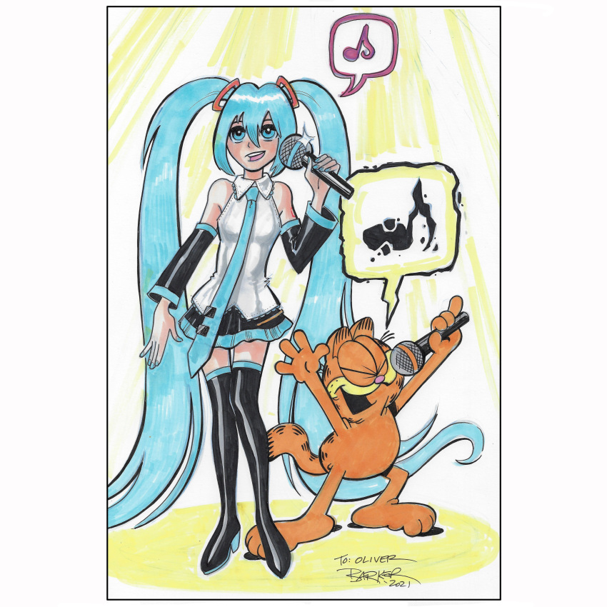 1girl 2021 absurdres black_footwear black_skirt blue_eyes blue_hair blue_necktie boots breasts cat collared_shirt crossover detached_sleeves english_commentary garfield garfield_(character) gary_barker hatsune_miku highres holding holding_microphone marker_(medium) medium_breasts microphone musical_note necktie shirt signing skirt speech_bubble spoken_musical_note thigh_boots thighhighs traditional_media twintails vocaloid white_shirt