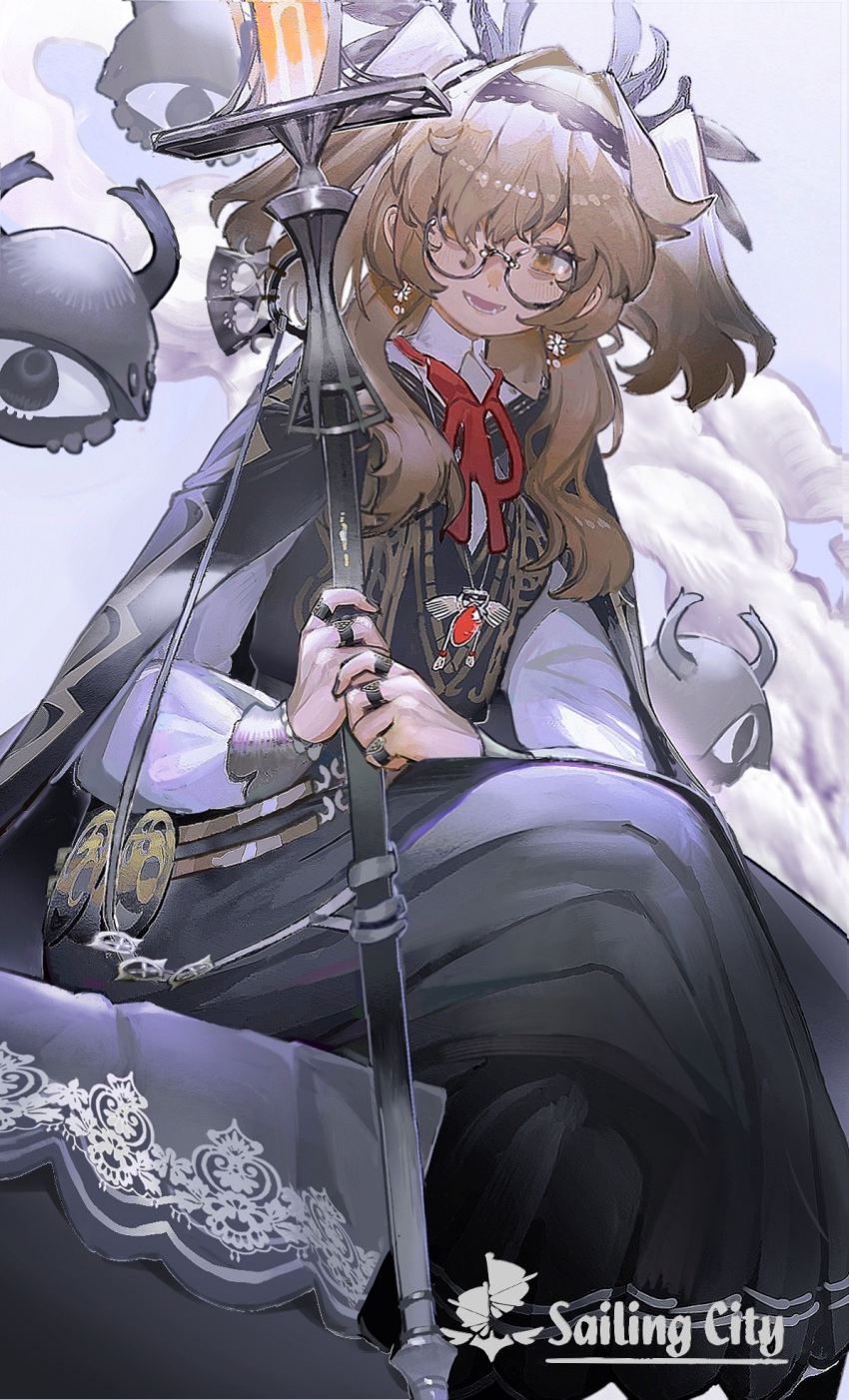 1girl black_cape black_dress black_hairband brown_eyes brown_hair cape cloud commentary dress english_text floating_eye glasses hairband highres holding holding_staff jewelry long_hair long_sleeves looking_at_viewer mole mole_under_eye multiple_rings neck_ribbon noco_(pixiv14976070) open_mouth original red_ribbon ribbon ring smile solo staff white_sleeves