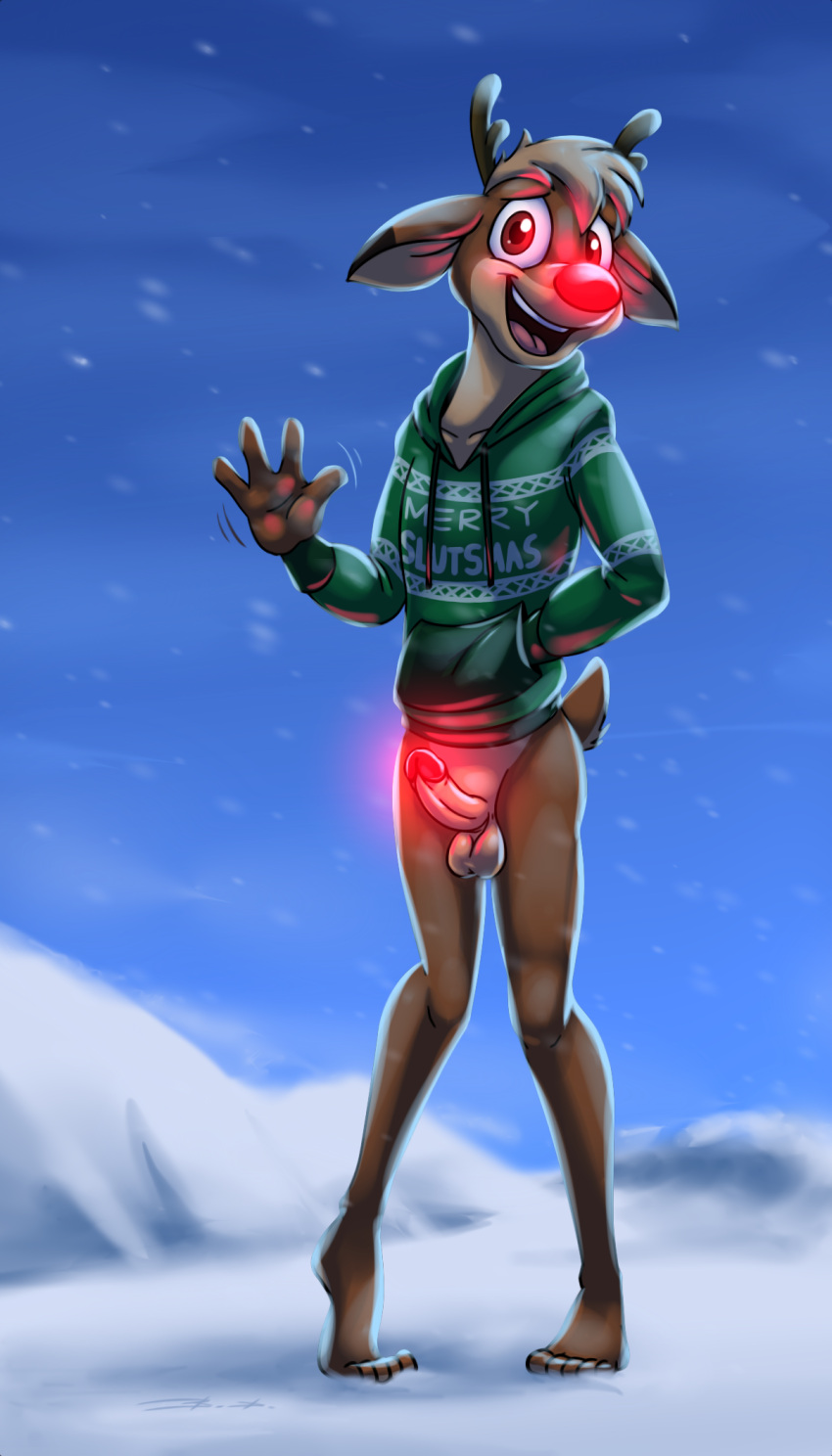 2021 4:7 5_toes anthro anthrofied balls bassybefuddle black_body black_fur black_pupils bottomless brown_antlers brown_body brown_fur capreoline cervid clothed clothing dipstick_ears feet fur genitals gesture glans glowing glowing_genitalia glowing_glans glowing_nose green_clothing green_hoodie green_topwear hair hand_in_pocket hi_res hoodie looking_at_viewer male mammal multicolored_ears open_mouth outside penis pockets pupils raised_arm red_eyes red_glans red_nose reindeer rudolph_the_red_nosed_reindeer smile snow snowing solo standing tan_antlers tan_balls tan_body tan_fur tan_hair tan_penis teenager text text_on_clothing text_on_hoodie text_on_topwear tiptoes toes topwear waving waving_at_viewer young